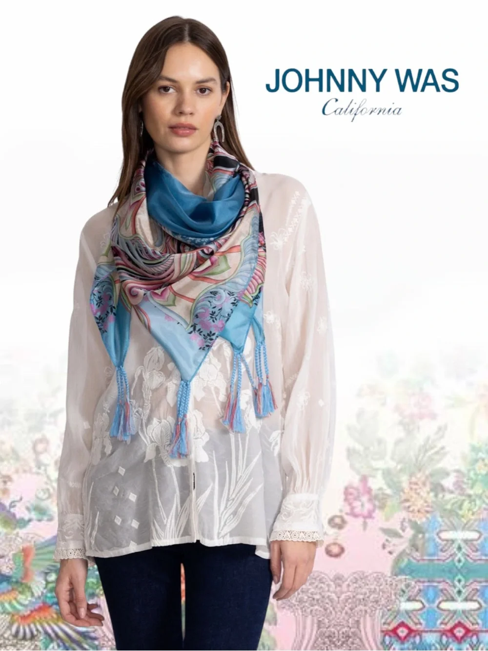 NWT Johnny Was Volante Silk Scarf Multi Square NIB